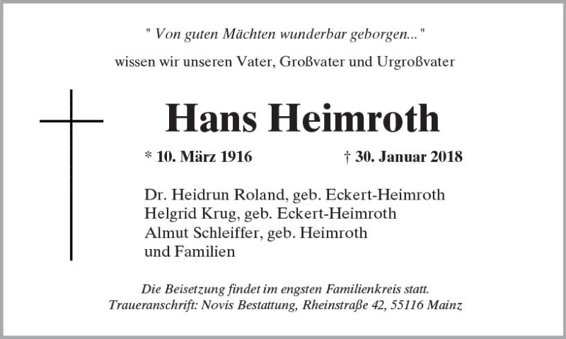  Traueranzeige für Hans Heimroth vom 07.02.2018 aus Trauerportal Rhein Main Presse