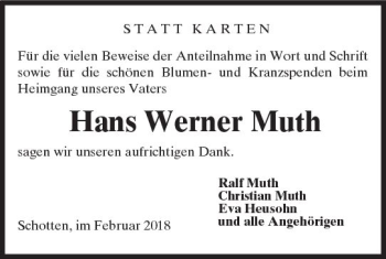 Traueranzeige von Hans Werner Muth von  Kreisanzeiger