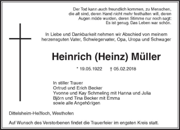 Traueranzeige von Heinrich Müller von Trauerportal Rhein Main Presse