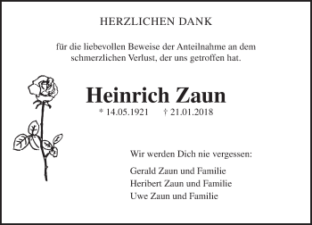 Traueranzeige von Heinrich Zaun von Trauerportal Rhein Main Presse