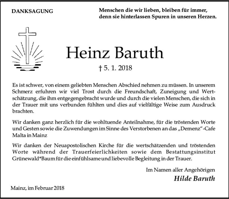  Traueranzeige für Heinz Baruth vom 03.02.2018 aus Trauerportal Rhein Main Presse