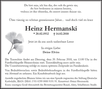Traueranzeige von Heinz Hermanski von Trauerportal Rhein Main Presse