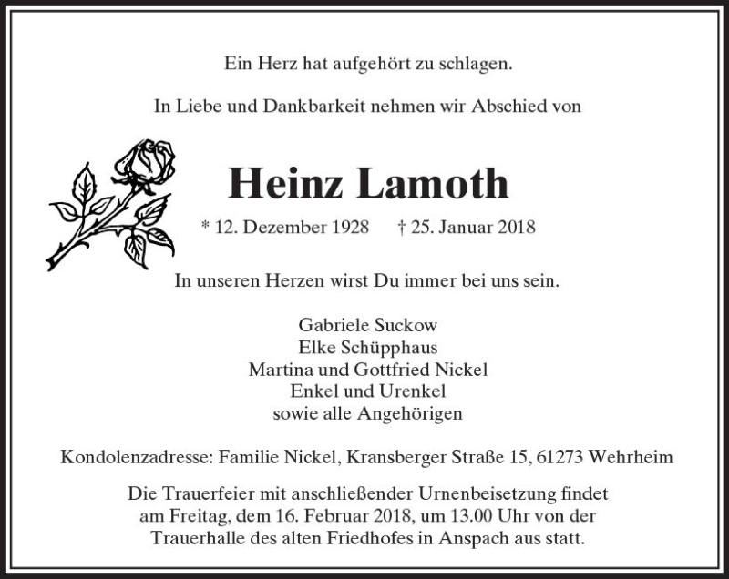  Traueranzeige für Heinz Lamoth vom 10.02.2018 aus  Usinger Anzeiger