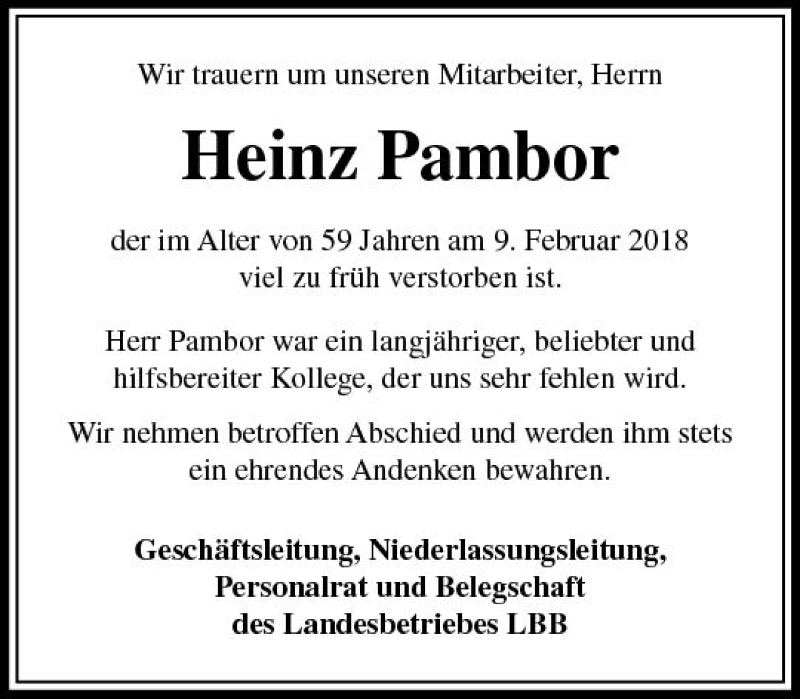  Traueranzeige für Heinz Pambor vom 17.02.2018 aus Trauerportal Rhein Main Presse