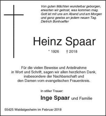 Traueranzeige von Heinz Spaar von Trauerportal Rhein Main Presse