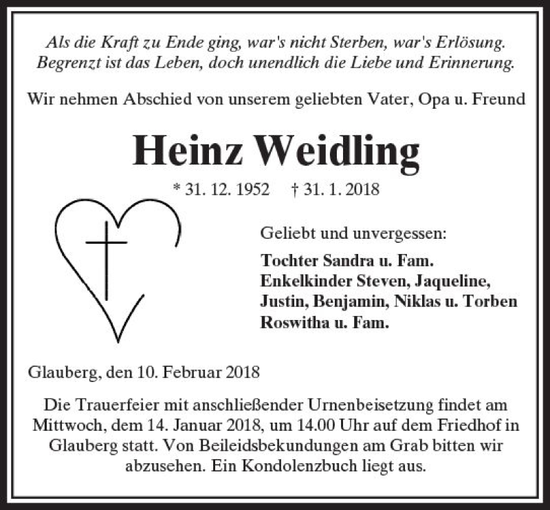  Traueranzeige für Heinz Weidling vom 10.02.2018 aus  Kreisanzeiger