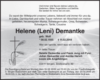 Traueranzeige von Helene Demantke von Trauerportal Rhein Main Presse