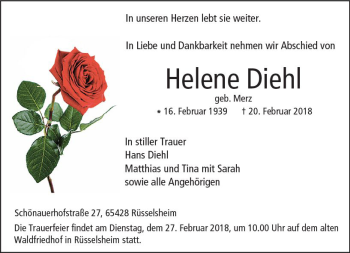 Traueranzeige von Helene Diehl von Trauerportal Rhein Main Presse