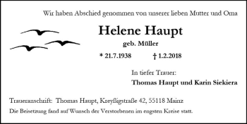 Traueranzeige von Helene Haupt von Trauerportal Rhein Main Presse