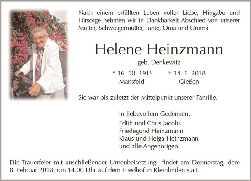  Traueranzeige für Helene Heinzmann vom 03.02.2018 aus  Gießener Anzeiger
