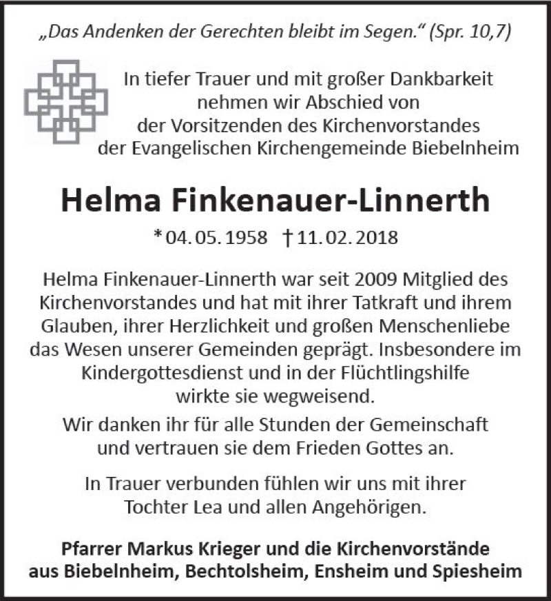  Traueranzeige für Helma Finkenauer-Linnerth vom 15.02.2018 aus Trauerportal Rhein Main Presse