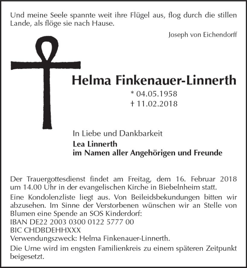  Traueranzeige für Helma Finkenauer-Linnerth vom 14.02.2018 aus Trauerportal Rhein Main Presse