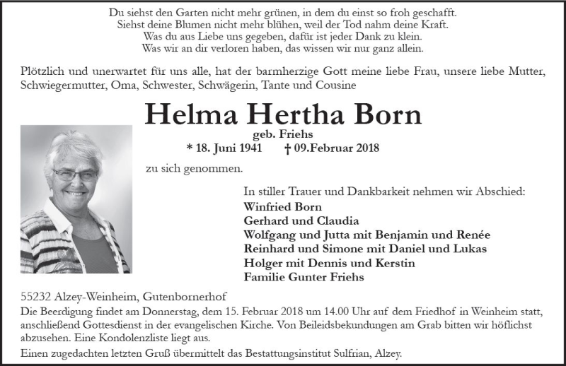  Traueranzeige für Helma Hertha Born vom 13.02.2018 aus Trauerportal Rhein Main Presse