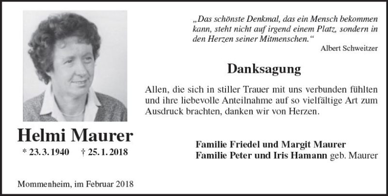  Traueranzeige für Helmi Maurer vom 24.02.2018 aus Trauerportal Rhein Main Presse