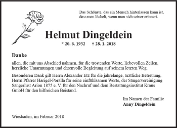 Traueranzeige von Helmut Dingeldein von Trauerportal Rhein Main Presse