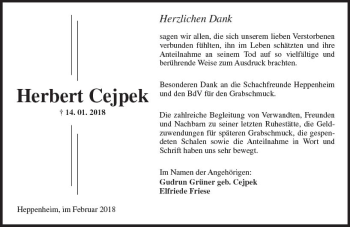 Traueranzeige von Herbert Cejpek von Trauerportal Rhein Main Presse