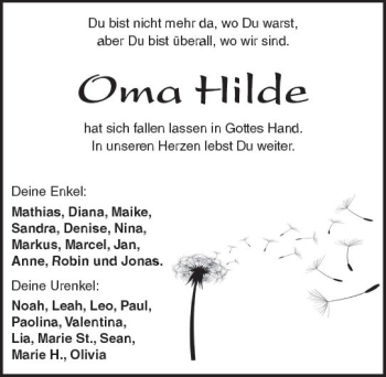 Traueranzeige von Hilde  von Trauerportal Rhein Main Presse