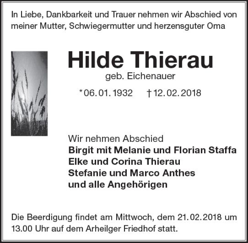  Traueranzeige für Hilde Thierau vom 17.02.2018 aus Trauerportal Rhein Main Presse