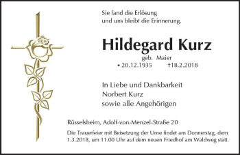 Traueranzeige von Hildegard Kurz von Trauerportal Rhein Main Presse