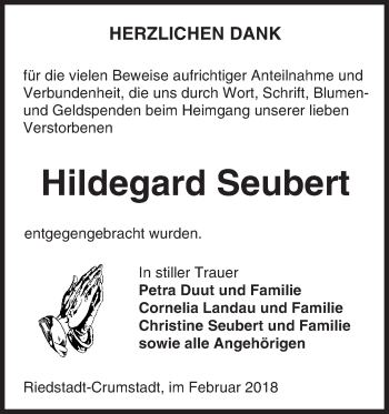 Traueranzeige von Hildegard Seubert von Trauerportal Rhein Main Presse
