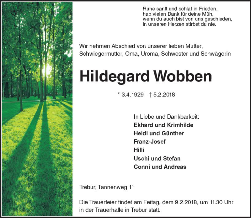 Traueranzeige für Hildegard Wobben vom 08.02.2018 aus Trauerportal Rhein Main Presse