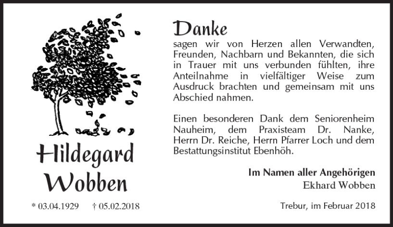  Traueranzeige für Hildegard Wobben vom 24.02.2018 aus Trauerportal Rhein Main Presse