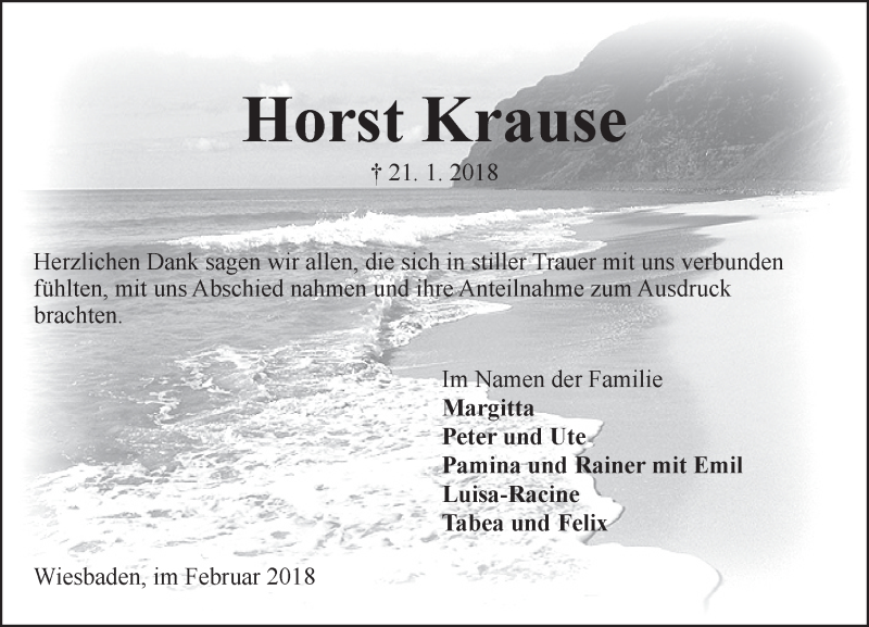  Traueranzeige für Horst Krause vom 10.02.2018 aus Trauerportal Rhein Main Presse