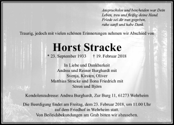 Traueranzeige von Horst Stracke von  Usinger Anzeiger