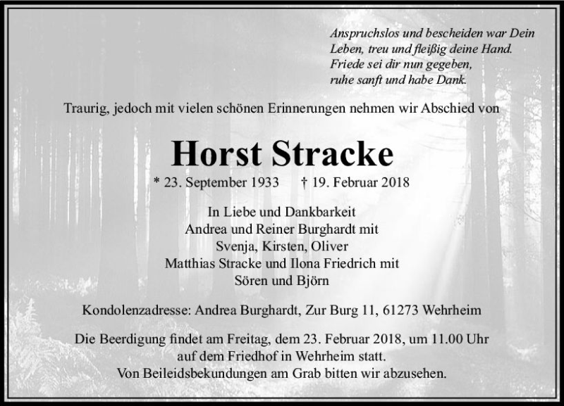  Traueranzeige für Horst Stracke vom 21.02.2018 aus  Usinger Anzeiger