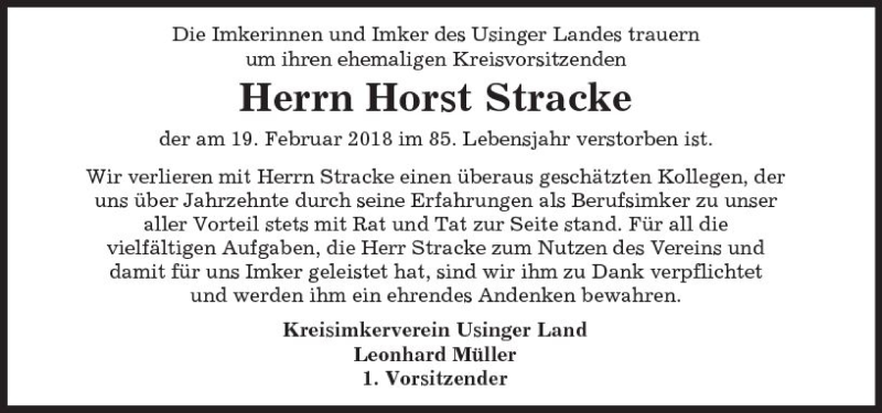  Traueranzeige für Horst Stracke vom 23.02.2018 aus  Usinger Anzeiger