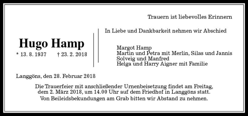  Traueranzeige für Hugo Hamp vom 28.02.2018 aus  Gießener Anzeiger