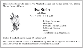 Traueranzeige von Ilse Stein von  Gießener Anzeiger