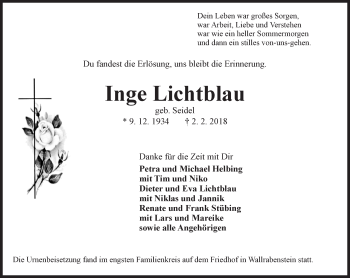 Traueranzeige von Inge Lichtblau von Trauerportal Rhein Main Presse
