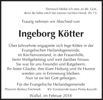 Traueranzeige von Ingeborg Kötter von Trauerportal Rhein Main Presse