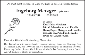 Traueranzeige von Ingeborg Metzger von Trauerportal Rhein Main Presse
