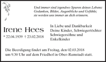 Traueranzeige von Irene Hees von Trauerportal Rhein Main Presse