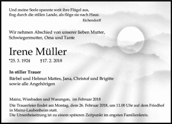 Traueranzeige von Irene Müller von Trauerportal Rhein Main Presse
