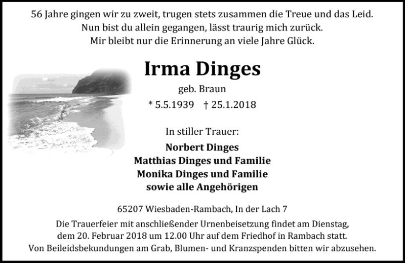  Traueranzeige für Irma Dinges vom 17.02.2018 aus Trauerportal Rhein Main Presse