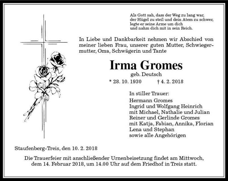  Traueranzeige für Irma Gromes vom 10.02.2018 aus  Gießener Anzeiger