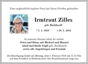 Traueranzeige von Irmtraut Zilles von Trauerportal Rhein Main Presse