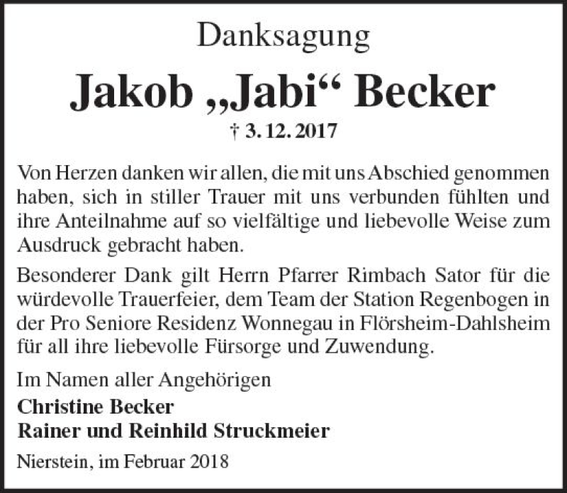  Traueranzeige für Jakob Becker vom 24.02.2018 aus Trauerportal Rhein Main Presse