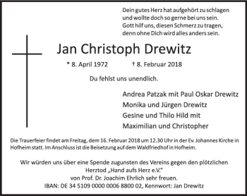 Traueranzeige von Jan Christoph Drewitz von Trauerportal Rhein Main Presse