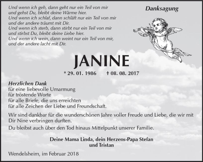  Traueranzeige für Janine  vom 24.02.2018 aus Trauerportal Rhein Main Presse