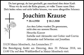 Traueranzeige von Joachim Krause von Trauerportal Rhein Main Presse