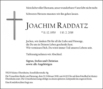 Traueranzeige von Joachim Raddatz von Trauerportal Rhein Main Presse