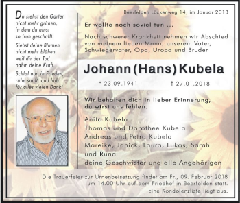 Traueranzeige von Johann Kubela von Trauerportal Rhein Main Presse