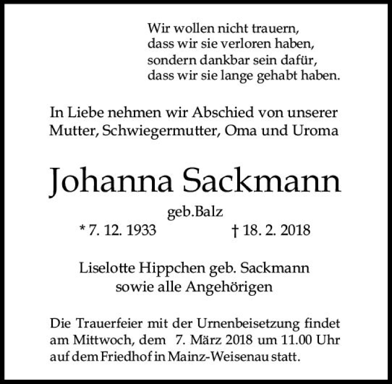  Traueranzeige für Johanna Sackmann vom 24.02.2018 aus Trauerportal Rhein Main Presse