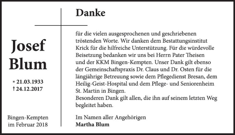  Traueranzeige für Josef Blum vom 03.02.2018 aus Trauerportal Rhein Main Presse