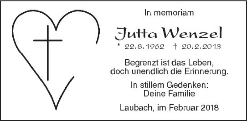  Traueranzeige für Jutta Wenzel vom 20.02.2018 aus  Gießener Anzeiger