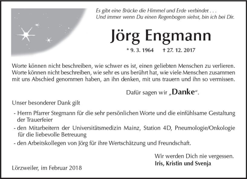  Traueranzeige für Jörg Engmann vom 03.02.2018 aus Trauerportal Rhein Main Presse